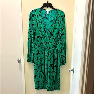 Elegant Green Floral Faux Wrap Dress